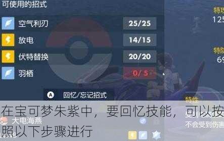 在宝可梦朱紫中，要回忆技能，可以按照以下步骤进行