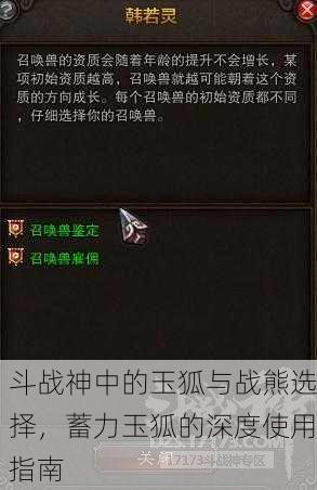 斗战神中的玉狐与战熊选择，蓄力玉狐的深度使用指南