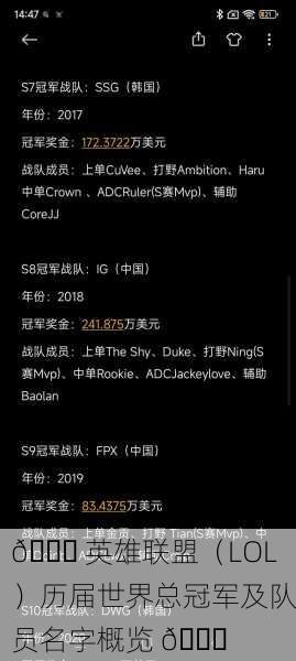 🏆 英雄联盟（LOL）历届世界总冠军及队员名字概览 🎉