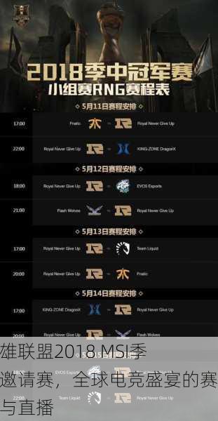 英雄联盟2018 MSI季中邀请赛，全球电竞盛宴的赛程与直播