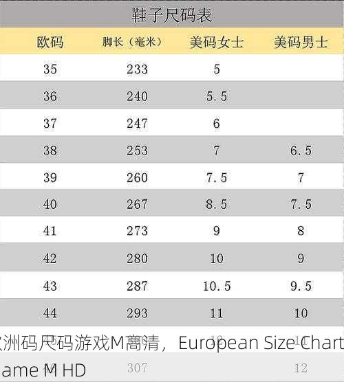 欧洲码尺码游戏M高清，European Size Chart Game M HD