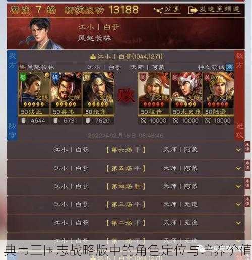 典韦三国志战略版中的角色定位与培养价值