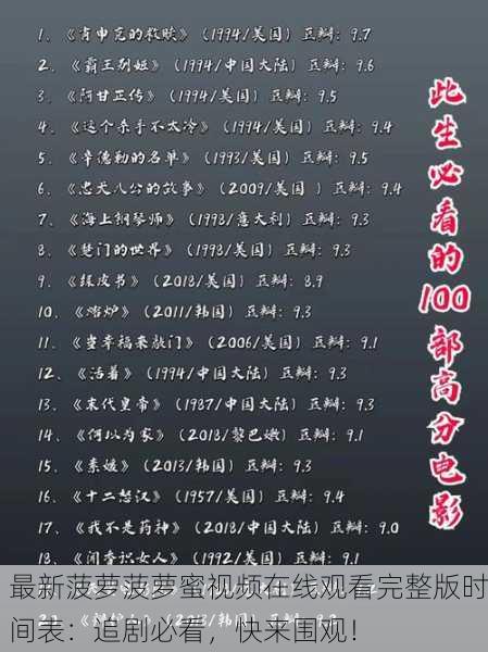 最新菠萝菠萝蜜视频在线观看完整版时间表：追剧必看，快来围观！