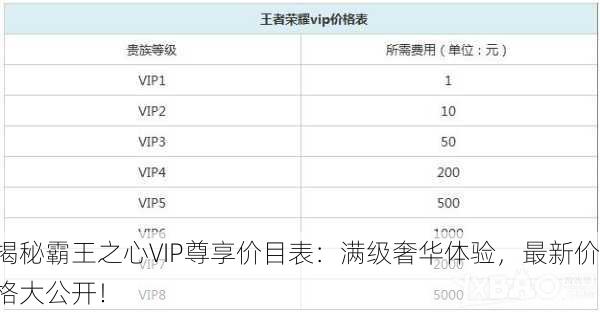 揭秘霸王之心VIP尊享价目表：满级奢华体验，最新价格大公开！