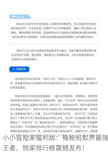 小小冒险家福利版：揭秘蚂蚁界最强王者，独家排行榜震撼发布！