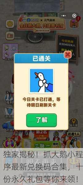 独家揭秘！抓大鹅小程序最新兑换码合集，十份永久礼包等你来领！