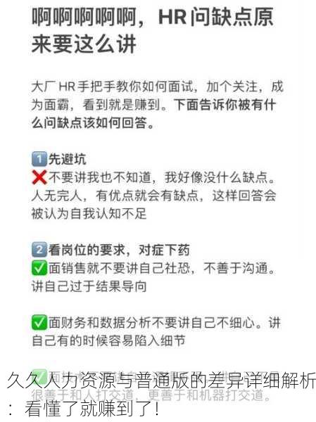 久久人力资源与普通版的差异详细解析：看懂了就赚到了！