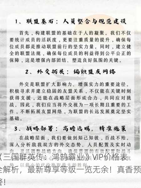 《三国群英传：鸿鹄霸业》VIP价格表全解析，最新尊享等级一览无余！真香预警！
