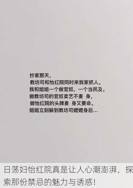 日荡妇怡红院真是让人心潮澎湃，探索那份禁忌的魅力与诱惑！