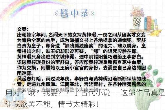 用力？哦？我要？？了古代小说——这部作品真是让我欲罢不能，情节太精彩！