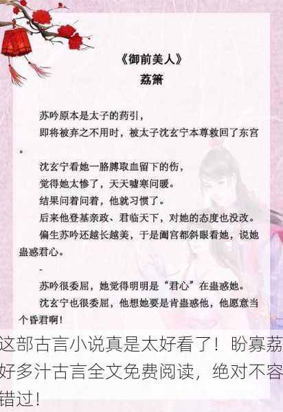 这部古言小说真是太好看了！盼寡荔好多汁古言全文免费阅读，绝对不容错过！