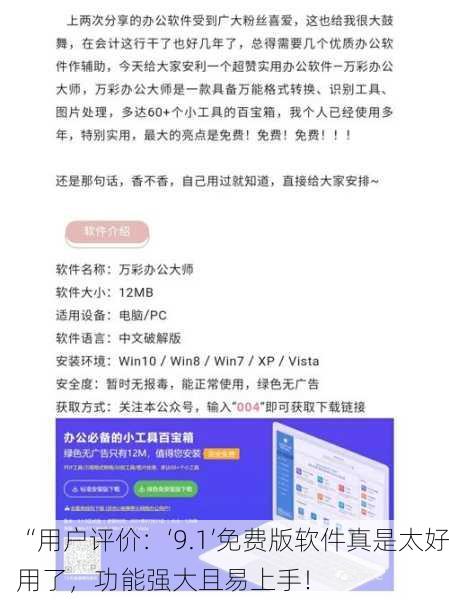 “用户评价：‘9.1’免费版软件真是太好用了，功能强大且易上手！