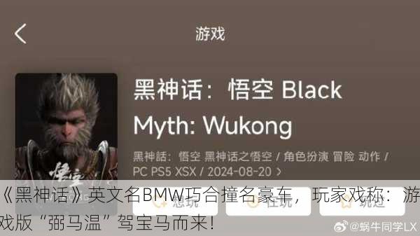 《黑神话》英文名BMW巧合撞名豪车，玩家戏称：游戏版“弼马温”驾宝马而来！