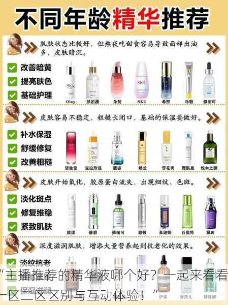 “主播推荐的精华液哪个好？一起来看看一区二区区别与互动体验！”