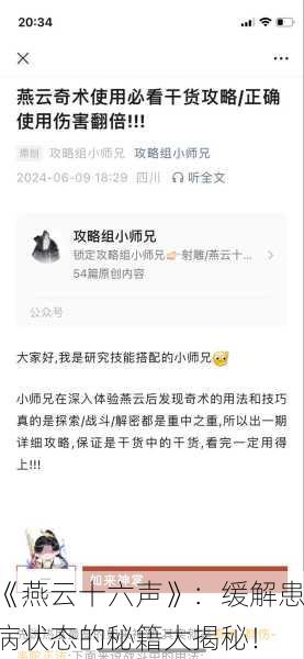 《燕云十六声》：缓解患病状态的秘籍大揭秘！