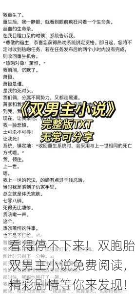 看得停不下来！双胞胎双男主小说免费阅读，精彩剧情等你来发现！