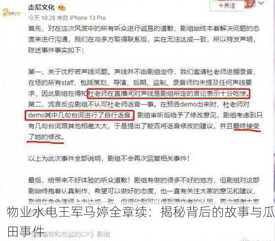 物业水电王军马婷全章续：揭秘背后的故事与瓜田事件