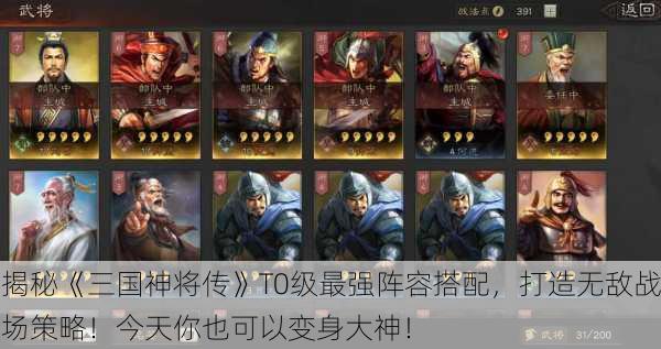 揭秘《三国神将传》T0级最强阵容搭配，打造无敌战场策略！今天你也可以变身大神！