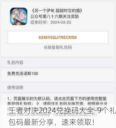 王者对决2024兑换码大全-9个礼包码最新分享，速来领取！