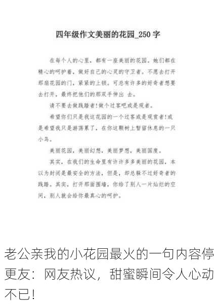 老公亲我的小花园最火的一句内容停更友：网友热议，甜蜜瞬间令人心动不已！