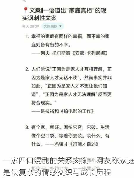 一家四口混乱的关系文案：网友称家庭是最复杂的情感交织与成长历程