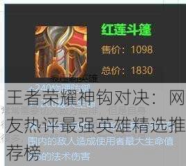 王者荣耀神钩对决：网友热评最强英雄精选推荐榜