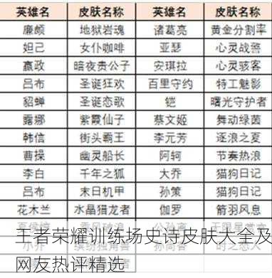 王者荣耀训练场史诗皮肤大全及网友热评精选