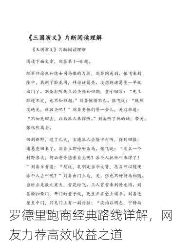 罗德里跑商经典路线详解，网友力荐高效收益之道